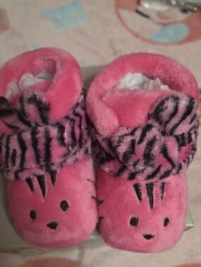 UGG Pink Plush Baby Walker Slippers with Zebra Trim
